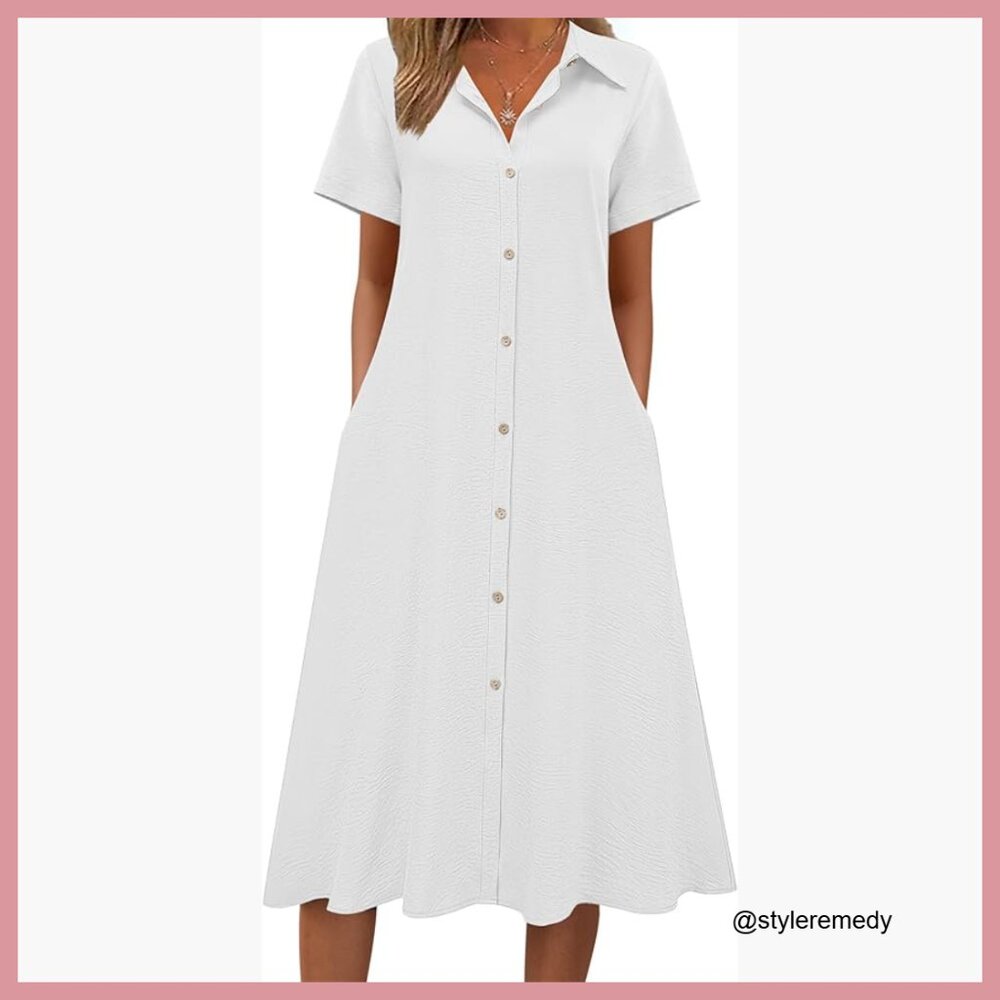 Button Down Shirt Dress A-Line Midi Sundress Short Sleeve